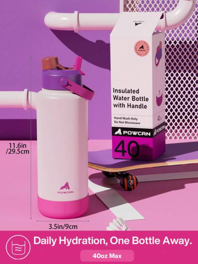POWCAN Insulated Water Bottle with 2-in-1 Straw and Spout Lid 1200 ml