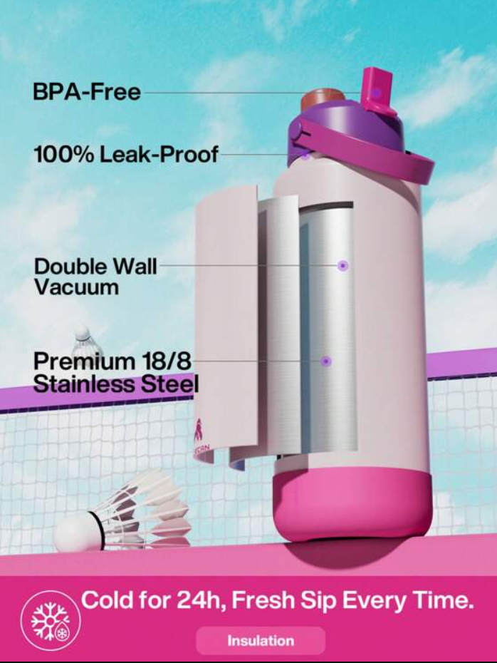 POWCAN Insulated Water Bottle with 2-in-1 Straw and Spout Lid 1200 ml