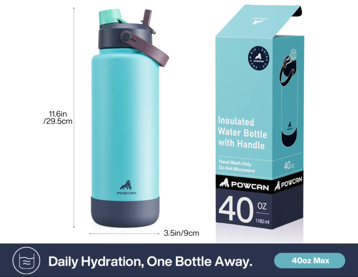 POWCAN Insulated Water Bottle with 2-in-1 Straw and Spout Lid 1200 ml