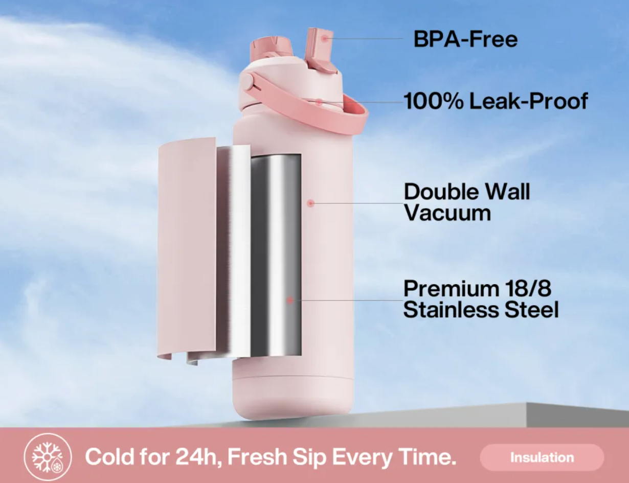 POWCAN Insulated Water Bottle with 2-in-1 Straw and Spout Lid 500 ml
