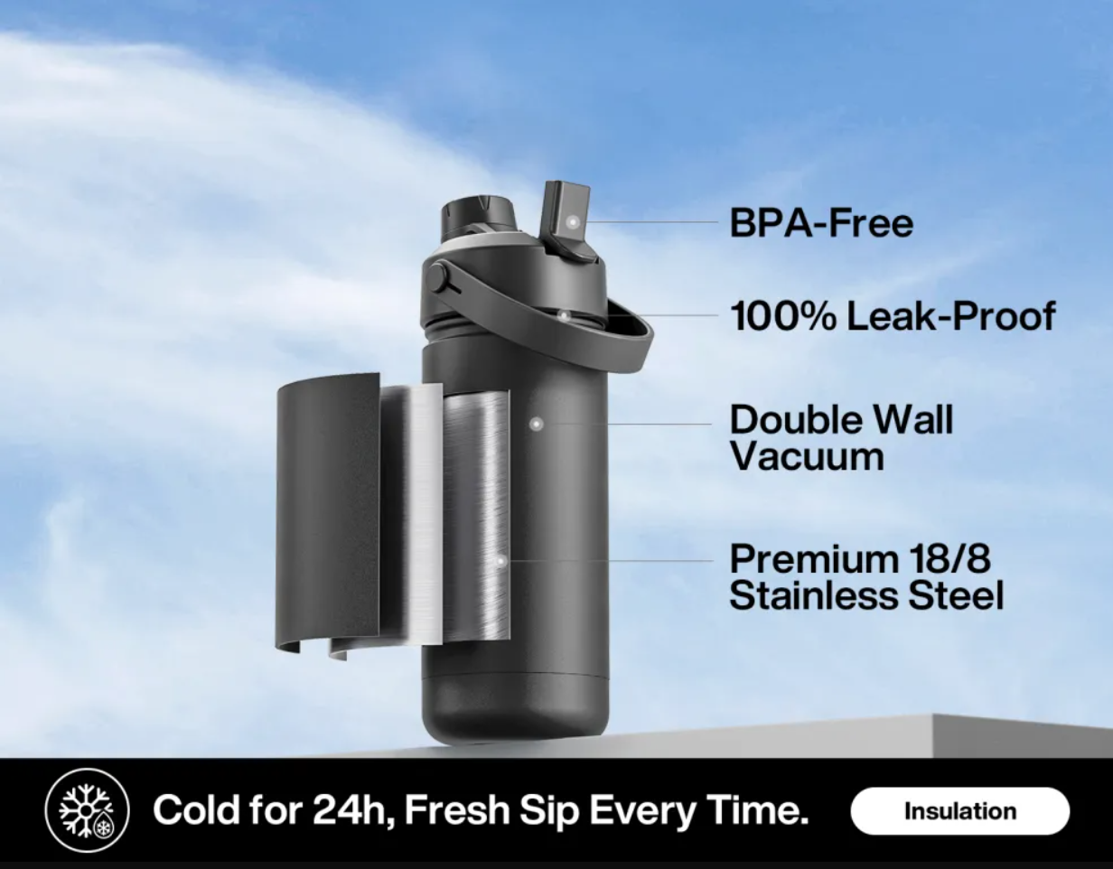POWCAN Insulated Water Bottle with 2-in-1 Straw and Spout Lid 500 ml