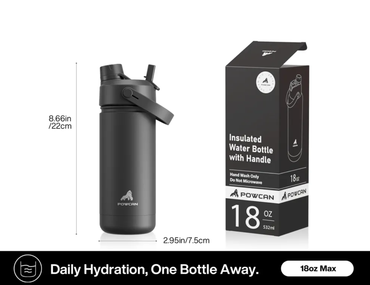 POWCAN Insulated Water Bottle with 2-in-1 Straw and Spout Lid 500 ml