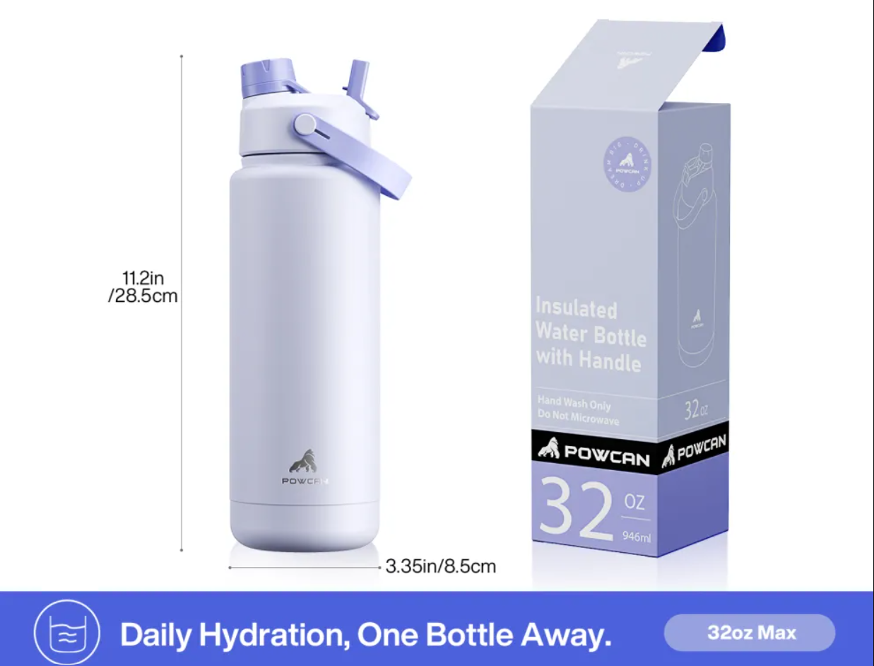 POWCAN Insulated Water Bottle with 2-in-1 Straw and Spout Lid 1000 ml