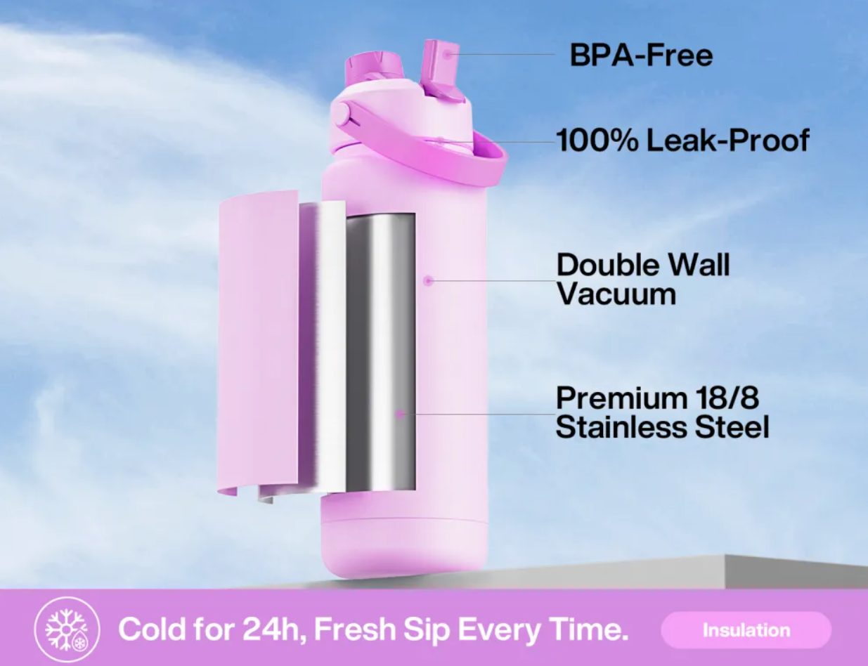 POWCAN Insulated Water Bottle with 2-in-1 Straw and Spout Lid 750 ml