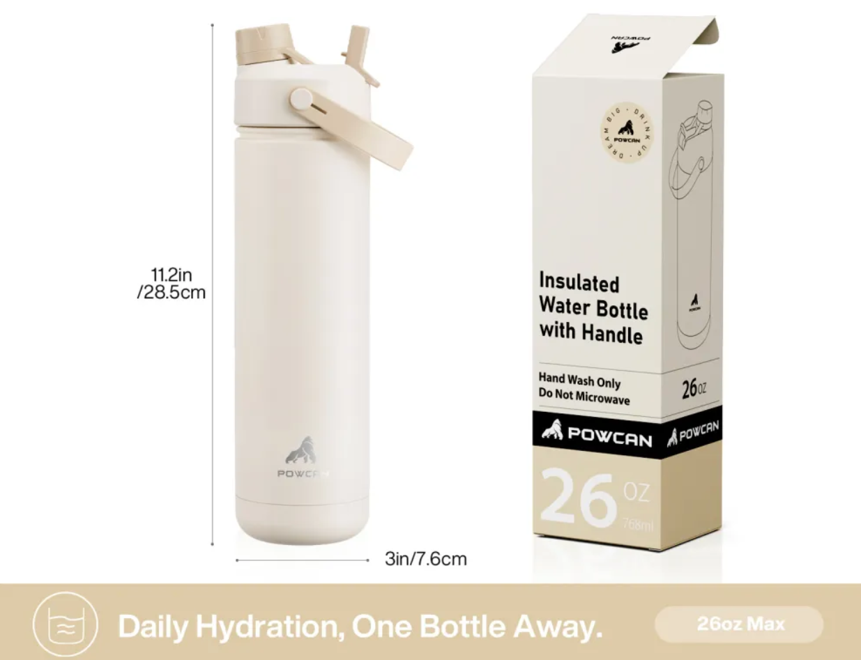 POWCAN Insulated Water Bottle with 2-in-1 Straw and Spout Lid 750 ml