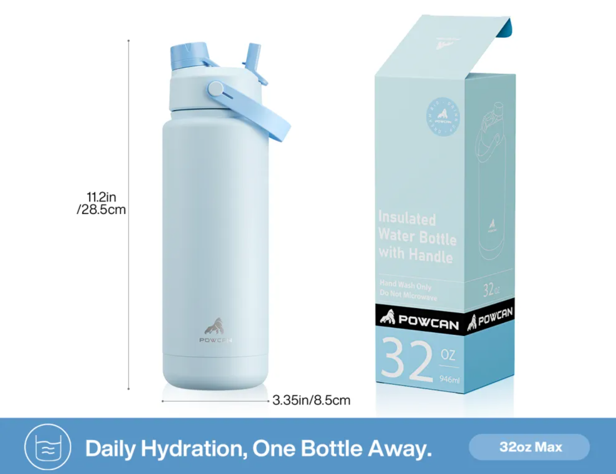POWCAN Insulated Water Bottle with 2-in-1 Straw and Spout Lid 1000 ml