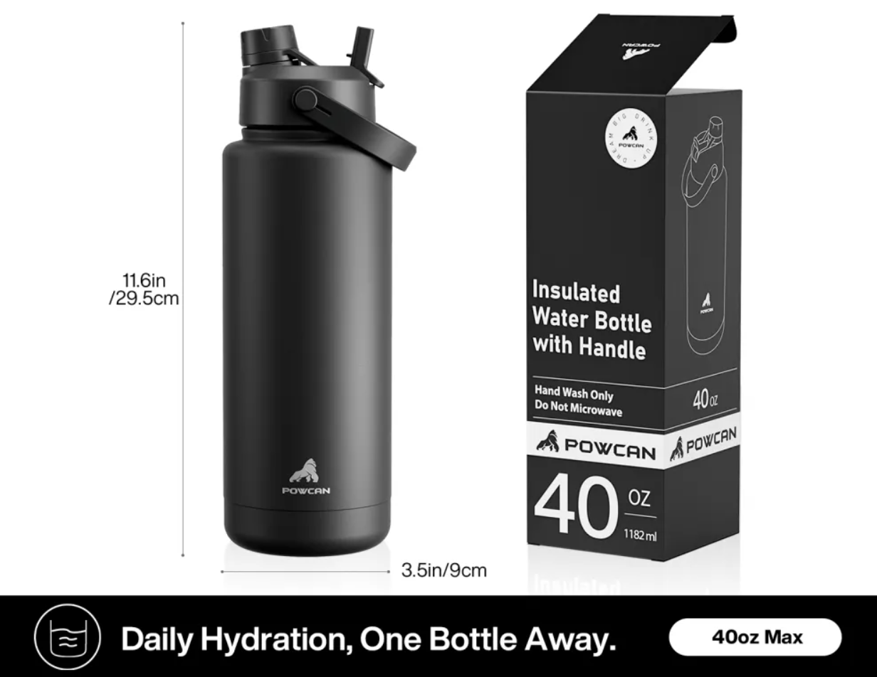 POWCAN Insulated Water Bottle with 2-in-1 Straw and Spout Lid 1200 ml