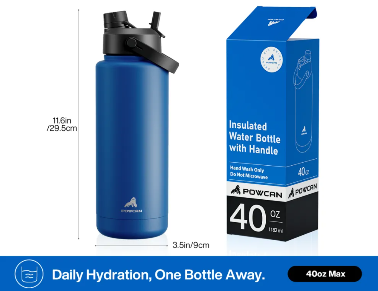 POWCAN Insulated Water Bottle with 2-in-1 Straw and Spout Lid 1200 ml