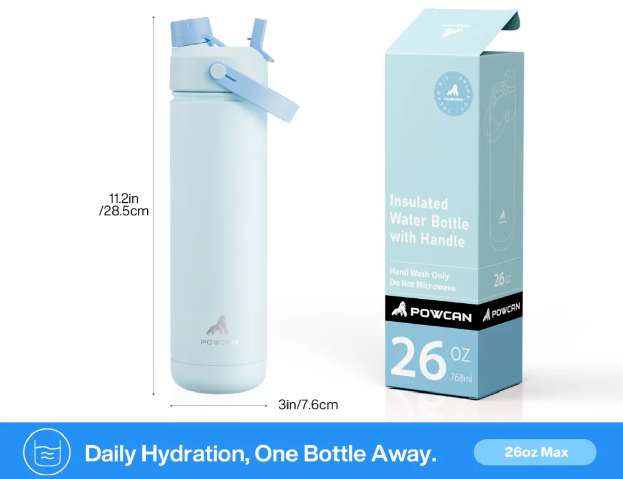 POWCAN Insulated Water Bottle with 2-in-1 Straw and Spout Lid 750 ml