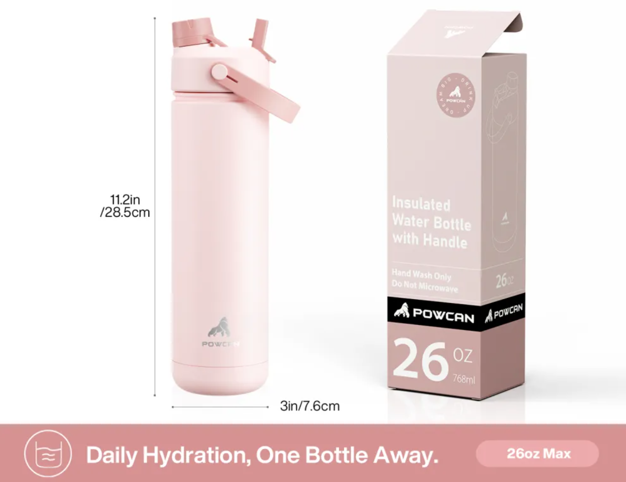 POWCAN Insulated Water Bottle with 2-in-1 Straw and Spout Lid 750 ml