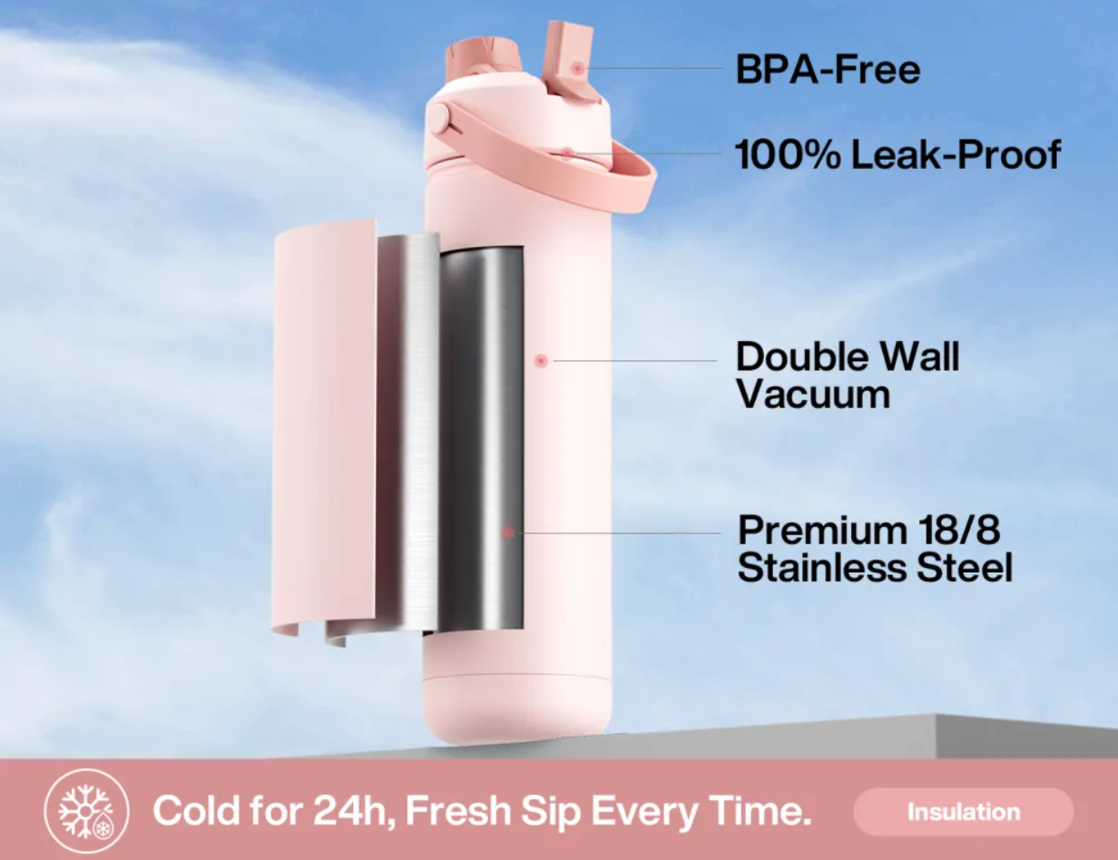 POWCAN Insulated Water Bottle with 2-in-1 Straw and Spout Lid 750 ml
