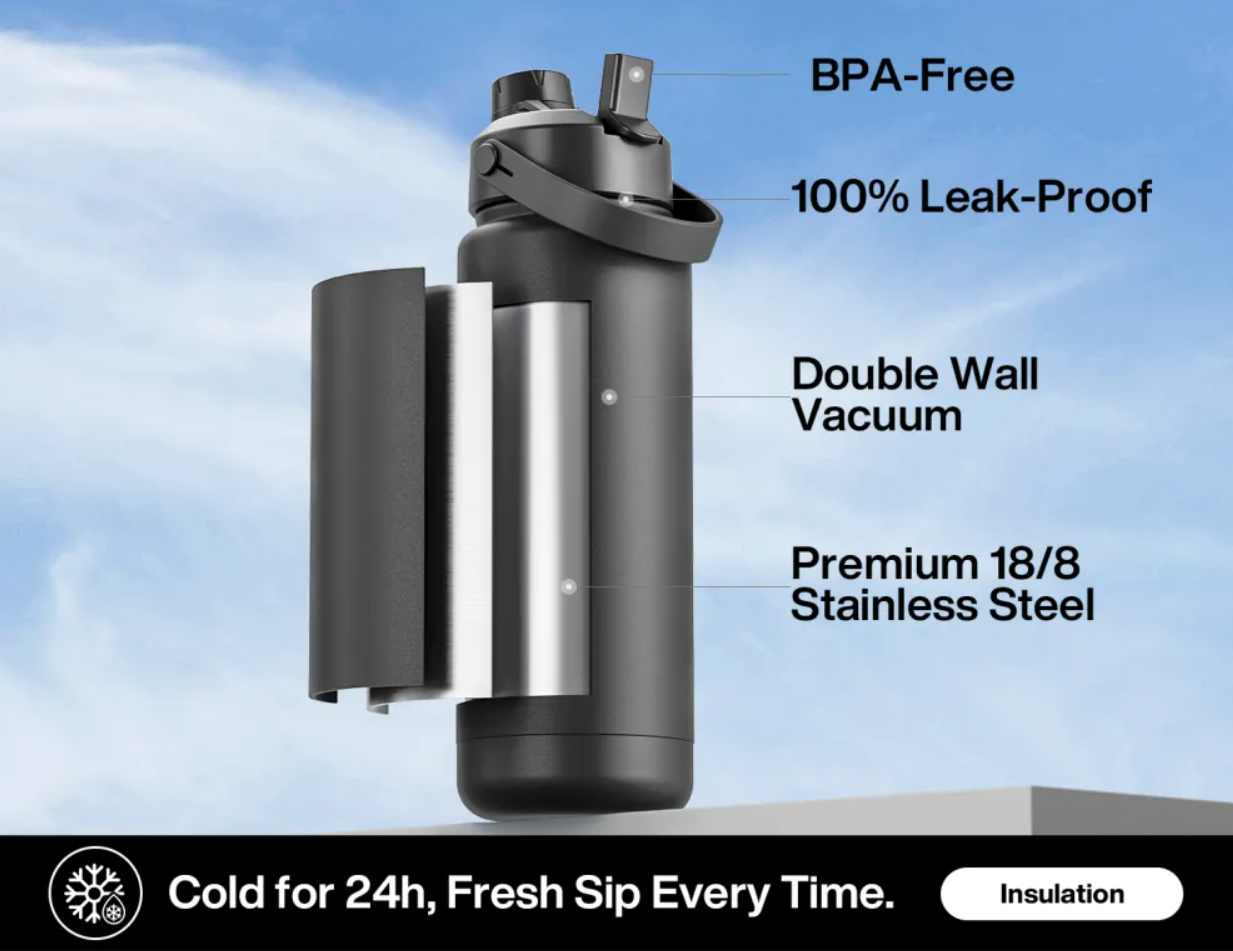 POWCAN Insulated Water Bottle with 2-in-1 Straw and Spout Lid 1000 ml