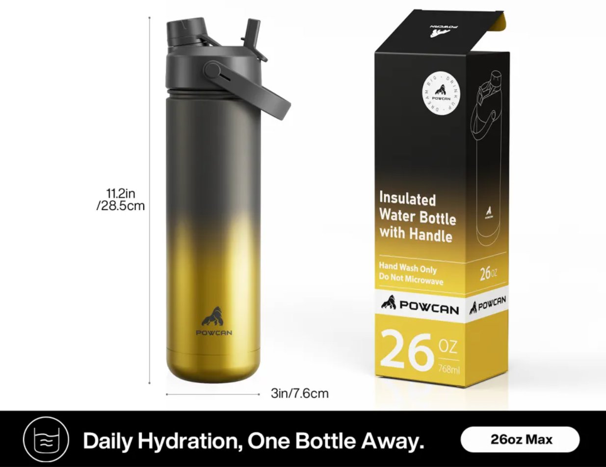 POWCAN Insulated Water Bottle with 2-in-1 Straw and Spout Lid 750 ml