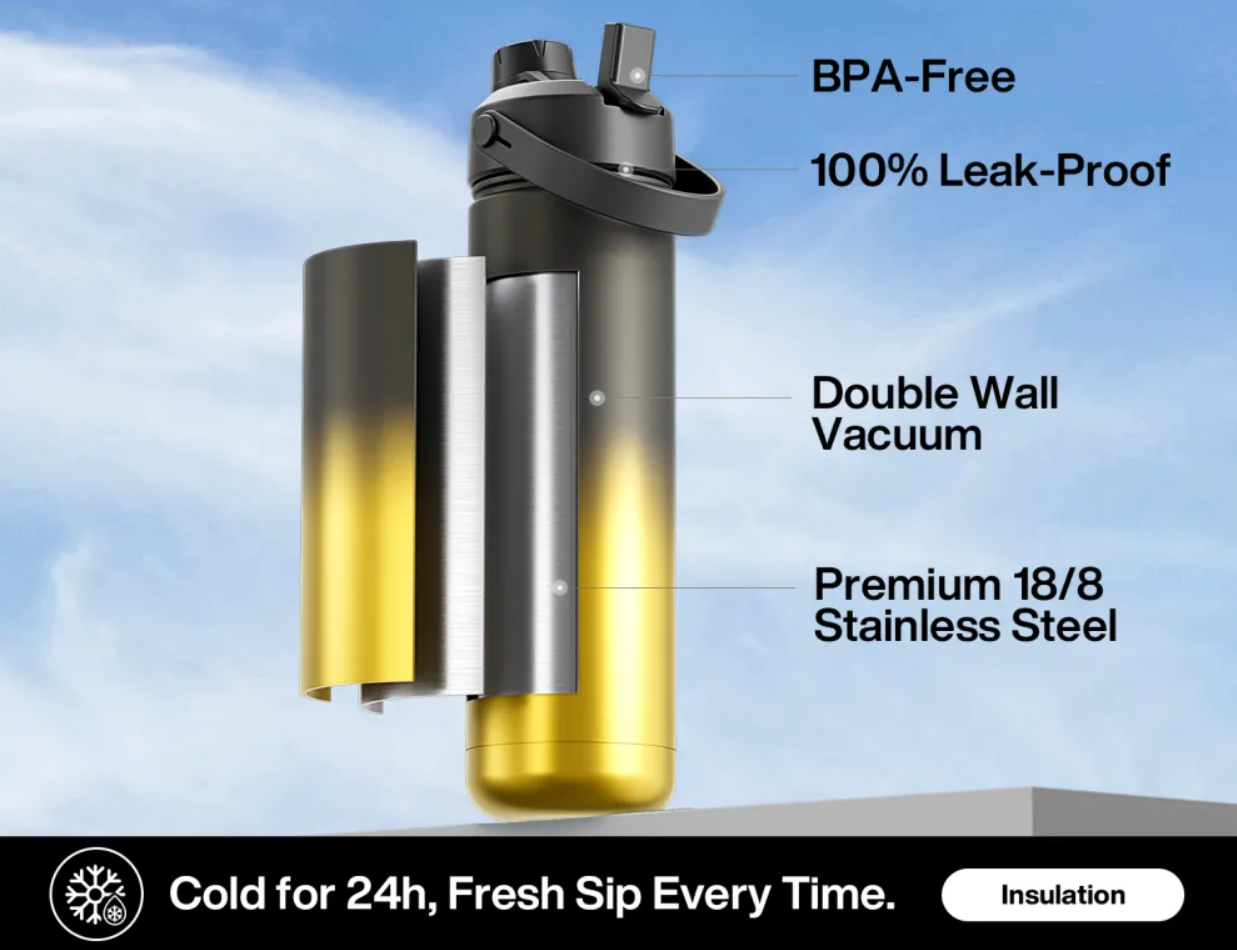 POWCAN Insulated Water Bottle with 2-in-1 Straw and Spout Lid 750 ml