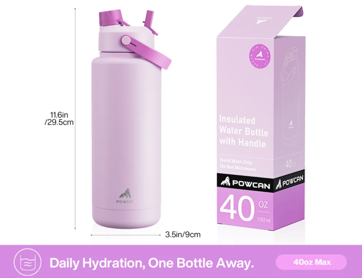 POWCAN Insulated Water Bottle with 2-in-1 Straw and Spout Lid 1200 ml