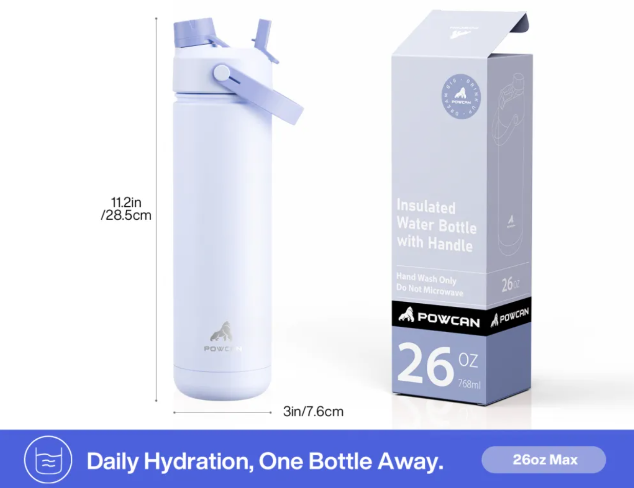 POWCAN Insulated Water Bottle with 2-in-1 Straw and Spout Lid 750 ml