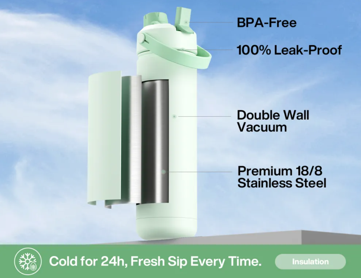 POWCAN Insulated Water Bottle with 2-in-1 Straw and Spout Lid 750 ml