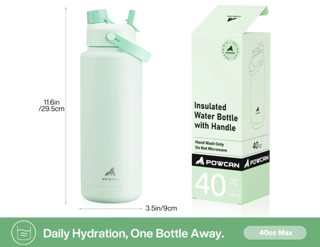 POWCAN Insulated Water Bottle with 2-in-1 Straw and Spout Lid 1200 ml