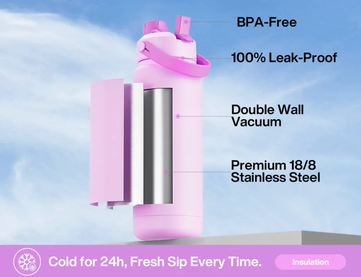 POWCAN Insulated Water Bottle with 2-in-1 Straw and Spout Lid 1200 ml