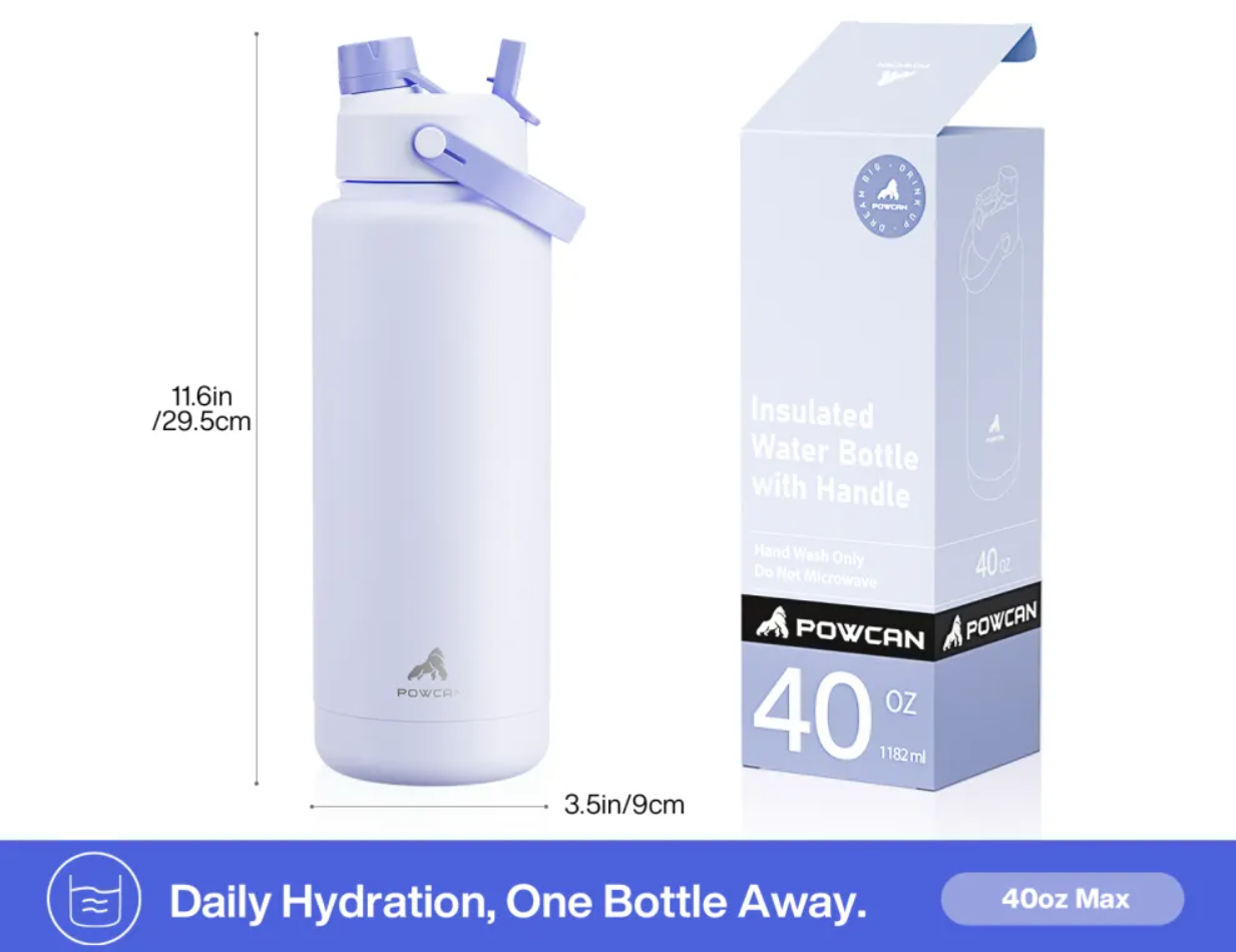 POWCAN Insulated Water Bottle with 2-in-1 Straw and Spout Lid 1200 ml