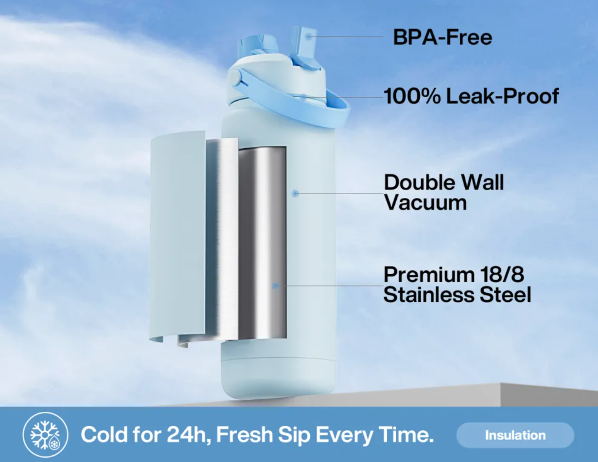 POWCAN Insulated Water Bottle with 2-in-1 Straw and Spout Lid 500 ml