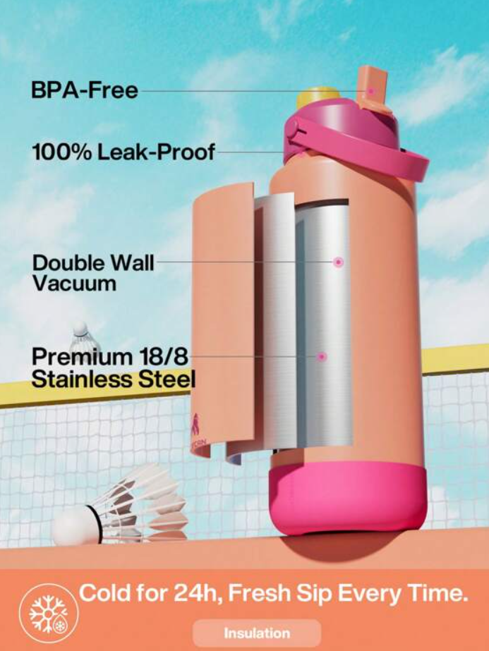 POWCAN Insulated Water Bottle with 2-in-1 Straw and Spout Lid 1200 ml