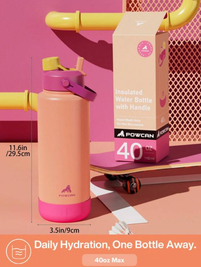 POWCAN Insulated Water Bottle with 2-in-1 Straw and Spout Lid 1200 ml