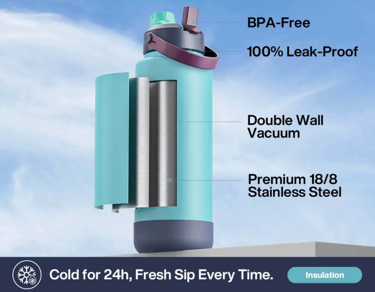 POWCAN Insulated Water Bottle with 2-in-1 Straw and Spout Lid 1200 ml