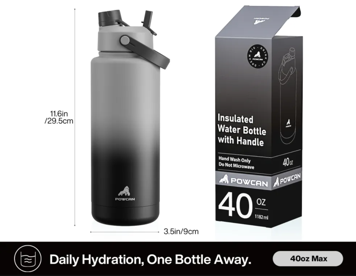 POWCAN Insulated Water Bottle with 2-in-1 Straw and Spout Lid 1200 ml