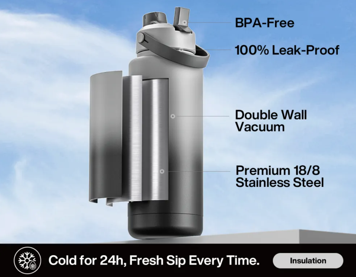 POWCAN Insulated Water Bottle with 2-in-1 Straw and Spout Lid 1200 ml