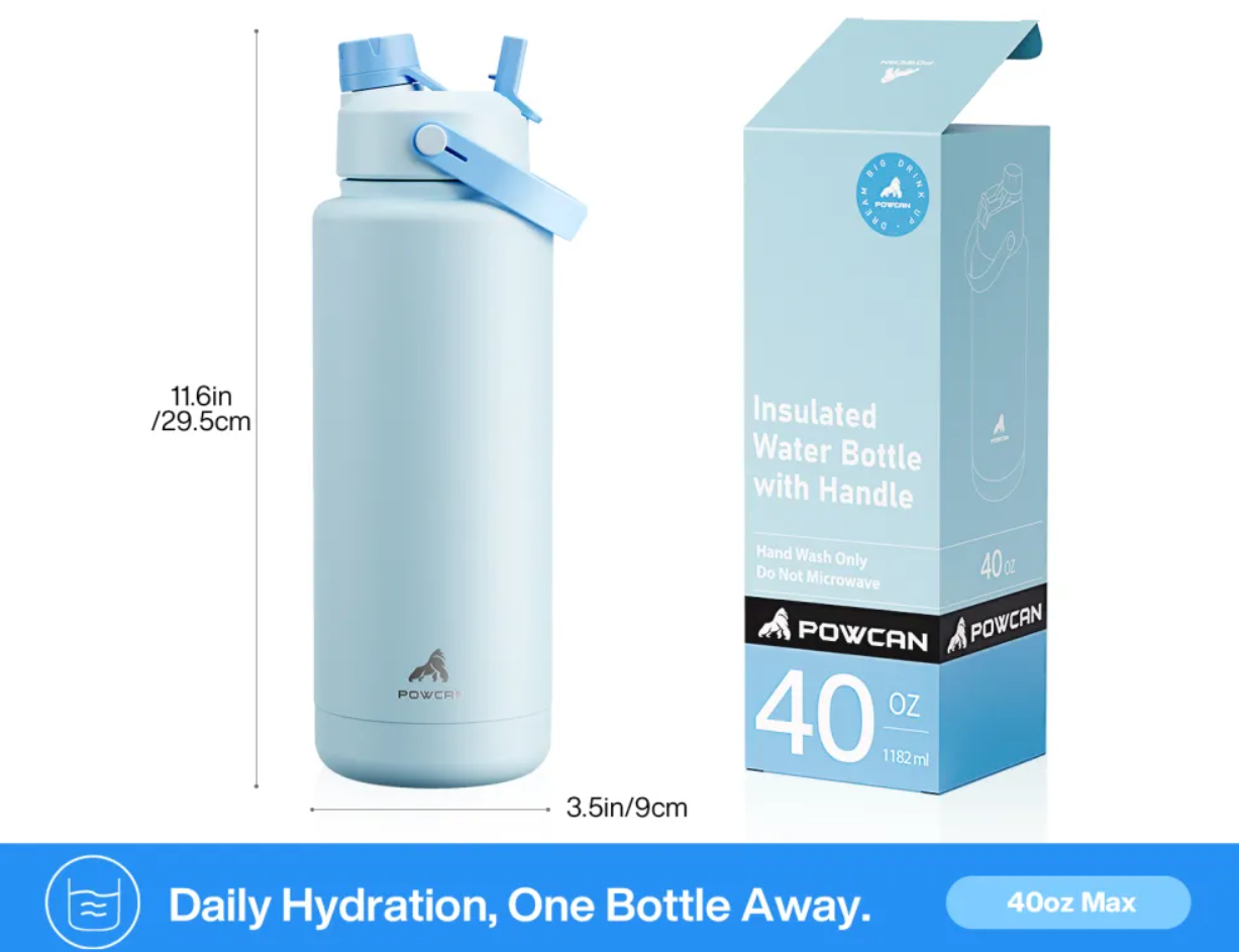 POWCAN Insulated Water Bottle with 2-in-1 Straw and Spout Lid 1200 ml