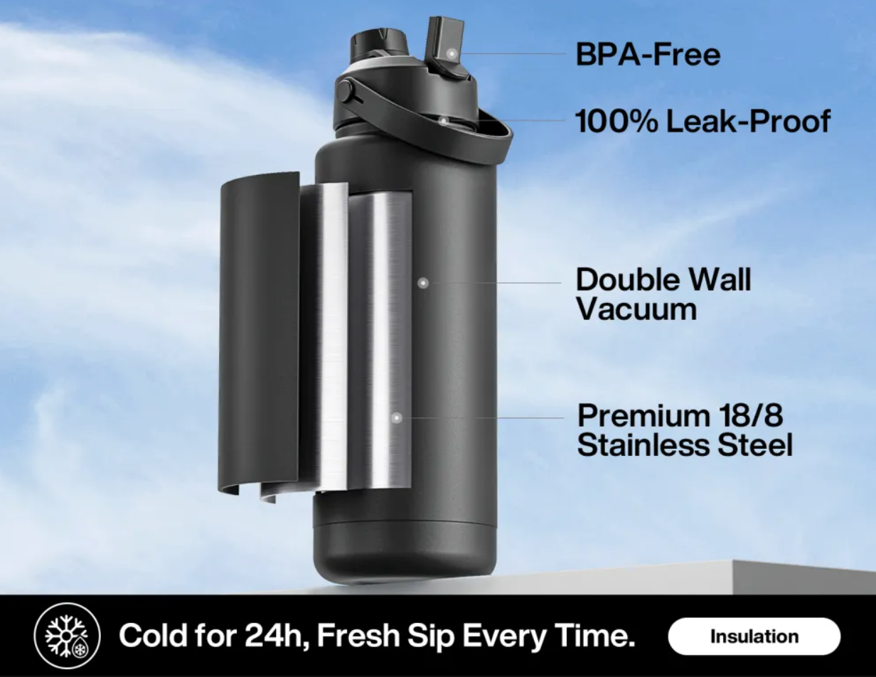 POWCAN Insulated Water Bottle with 2-in-1 Straw and Spout Lid 1200 ml