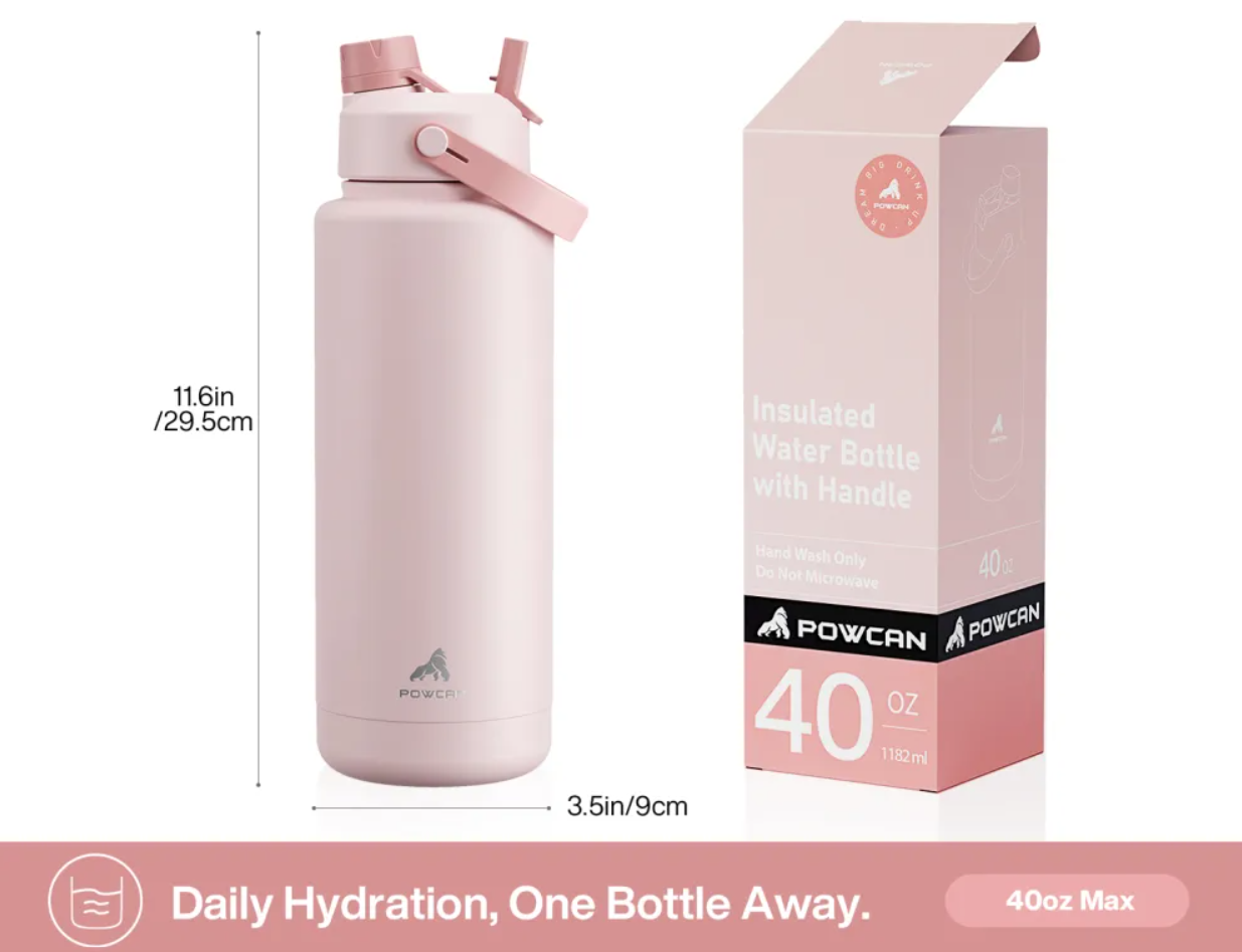 POWCAN Insulated Water Bottle with 2-in-1 Straw and Spout Lid 1200 ml