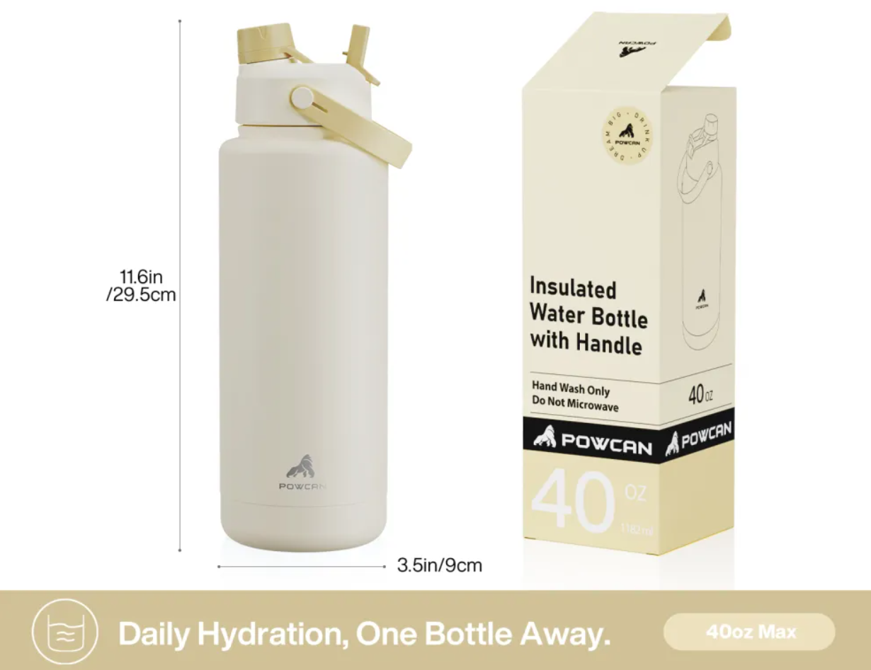 POWCAN Insulated Water Bottle with 2-in-1 Straw and Spout Lid 1200 ml