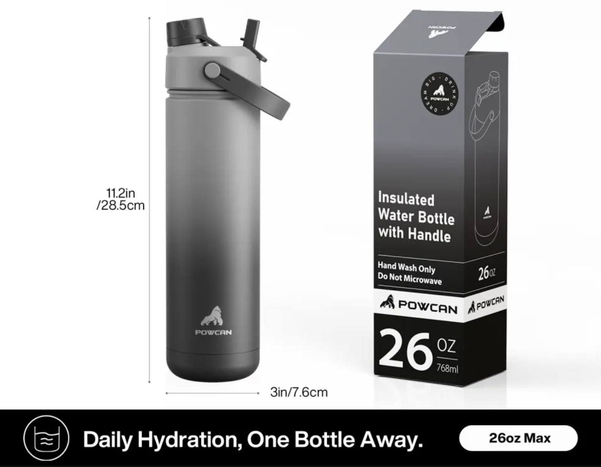 POWCAN Insulated Water Bottle with 2-in-1 Straw and Spout Lid 750 ml