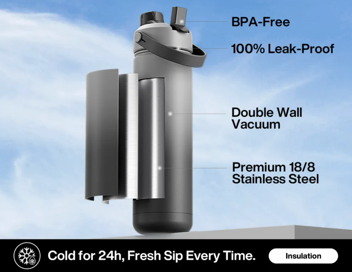 POWCAN Insulated Water Bottle with 2-in-1 Straw and Spout Lid 750 ml